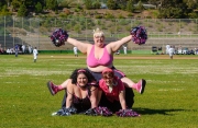 From L to R are Sondra Solovay, Marilyn Wann and Heather MacAllister, members of the Bod Squad, a group of cheerleaders composed of fat women who perform in public to promote the pro-fat acceptance movement.