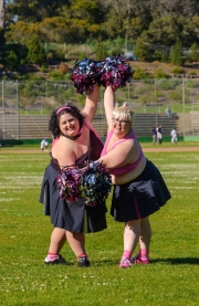 Sondra Solovay (L) and Marilyn Wann, members of the Bod Squad, a group of cheerleaders composed of fat women who perform in public to promote the pro-fat acceptance movement.