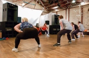 Fitness instructor Jennifer Portnick during her class.Jennifer Portnick, 38, might be a fat aerobics instructor but she is definitely fit. Portnick, who weights 240 pounds (108 kgs) and measures 5 feet 8 (176 cms), has been doing high-impact aerobics for 15 years and follows  a diet that is mostly vegetarian. She is certified by the Aerobics and Fitness Association of America and teaches several  high-energy, low-impact classes a week. She has her own program called ìFeeling Good Fitnessî.