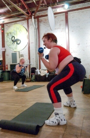 Fitness instructor Jennifer Portnick during her class.Jennifer Portnick, 38, might be a fat aerobics instructor but she is definitely fit. Portnick, who weights 240 pounds (108 kgs) and measures 5 feet 8 (176 cms), has been doing high-impact aerobics for 15 years and follows  a diet that is mostly vegetarian. She is certified by the Aerobics and Fitness Association of America and teaches several  high-energy, low-impact classes a week. She has her own program called ìFeeling Good Fitnessî.