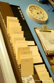 Inside the office at the Moonlite Bunny Ranch: the rack with the cards, one per sex worker, where all the transactions are recorded. 
The Moonlite Bunny Ranch is America's best-known legal brothel, located in Carson City, NV.