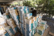 A cat on top of boxes of canned food at The Cat House on the Kings in Parlier, CA, on May 10, 2012.  The Cat House on The Kings is a sanctuary for cats that was started by Lynea Lattanzio in her own house. There are now over 700 cats on the 12-acre property.