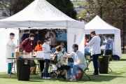 A health worker uses a nasal swab to test a woman at a testing center in the heavily Latino Mission District of San Francisco, CA, on April 25, 2020. Doctors and volunteers set up pop-up testing centers in this district  to test for coronavirus and antibodies all 5,700 residents for free  in one census tract in hopes the data collected will help explain why Latinos and African Americans have been dying at disproportionate rates from COVID-19.