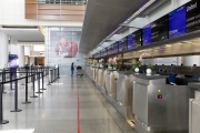 A traveler checks in at the United Airlines counter at the San Francisco International airport on April 8, 2020.
The COVID-19 pandemic has reduced air traffic tremendously.