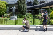 Two mean take pictures of the statue of singer Tony Bennett that has been adorned with a protective mask in San Francisco, CA, on April 25, 2020 . The famed singer Tony Bennett lead a virtual singalong of his hit “I Left My Heart In San Francisco” that as a tribute to frontline workers and San Francisco Bay Area residents who continue to shelter in place due to COVID-19.