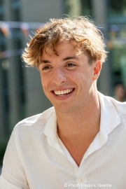 Björn  Seeliger (White Shirt) during an interview with Expressen’s reporter Robert Börjesson at the Univertisty of California in Berkeley, CA, on September 19, 2023. Björn Markus Seeliger is a Swedish swimmer who holds the Swedish record for 50 m backstroke.