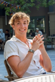 Björn  Seeliger (White Shirt) during an interview with Expressen’s reporter Robert Börjesson at the Univertisty of California in Berkeley, CA, on September 19, 2023. Björn Markus Seeliger is a Swedish swimmer who holds the Swedish record for 50 m backstroke.