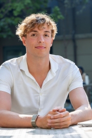 Björn  Seeliger (White Shirt) during an interview with Expressen’s reporter Robert Börjesson at the Univertisty of California in Berkeley, CA, on September 19, 2023. Björn Markus Seeliger is a Swedish swimmer who holds the Swedish record for 50 m backstroke.