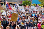 Protesters in downtown San Rafael, CA, on June 14, 2025, rallied under the banner of the “No Kings” protest, voicing opposition to President Donald Trump and what they view as authoritarian tendencies in American politics. Demonstrators carried signs and delivered speeches calling for the defense of democratic institutions and the rejection of political figures perceived as undermining them.