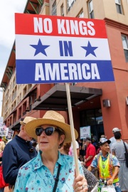 Protesters in downtown San Rafael, CA, on June 14, 2025, rallied under the banner of the “No Kings” protest, voicing opposition to President Donald Trump and what they view as authoritarian tendencies in American politics. Demonstrators carried signs and delivered speeches calling for the defense of democratic institutions and the rejection of political figures perceived as undermining them.