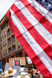 Protesters in downtown San Rafael, CA, on June 14, 2025, rallied under the banner of the “No Kings” protest, voicing opposition to President Donald Trump and what they view as authoritarian tendencies in American politics. Demonstrators carried signs and delivered speeches calling for the defense of democratic institutions and the rejection of political figures perceived as undermining them.