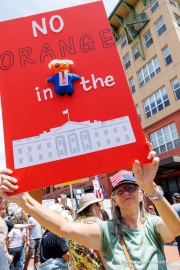 Protesters in downtown San Rafael, CA, on June 14, 2025, rallied under the banner of the “No Kings” protest, voicing opposition to President Donald Trump and what they view as authoritarian tendencies in American politics. Demonstrators carried signs and delivered speeches calling for the defense of democratic institutions and the rejection of political figures perceived as undermining them.