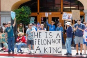 Protesters in downtown San Rafael, CA, on June 14, 2025, rallied under the banner of the “No Kings” protest, voicing opposition to President Donald Trump and what they view as authoritarian tendencies in American politics. Demonstrators carried signs and delivered speeches calling for the defense of democratic institutions and the rejection of political figures perceived as undermining them.