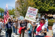 Protesters in downtown San Rafael, CA, on June 14, 2025, rallied under the banner of the “No Kings” protest, voicing opposition to President Donald Trump and what they view as authoritarian tendencies in American politics. Demonstrators carried signs and delivered speeches calling for the defense of democratic institutions and the rejection of political figures perceived as undermining them.